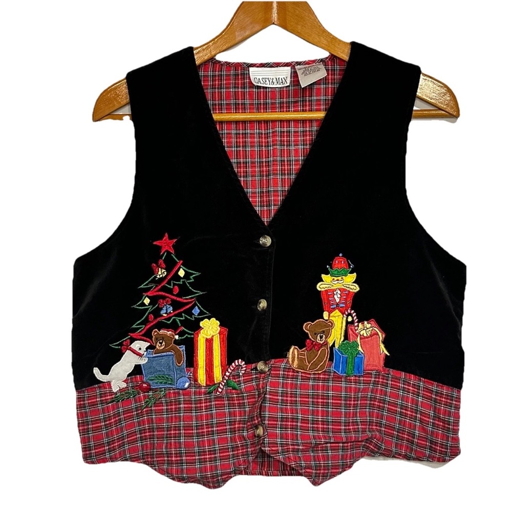 Vintage Casey & Max Velour Plaid Christmas Vest Holiday Festive Grannycore Sz L